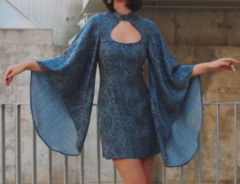 Bell Sleeves Aesthetic, Flared Sleeves Dress, Bell Sleeve Short Dress, 70s Bell Sleeve Dress, 70s Flare Sleeve Dress, Short Bell Sleeve Dress, Bell Sleeve Dresses, Blue 70s Dress, Bell Sleeve Dress 70s