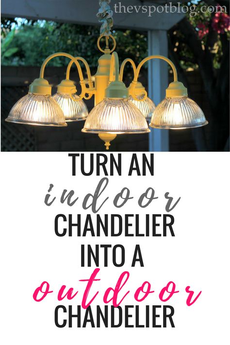 How to use an indoor chandelier outside. | The V Spot Chandelier Repurpose Projects, Repurpose Chandelier Ideas, Diy Outside Chandelier, Outdoor Chandeliers Covered Patios, Chandelier Makeover Outdoor, Repurpose Chandelier, Shed Chandelier, Outside Chandelier Ideas, Outdoor Covered Patio Chandelier