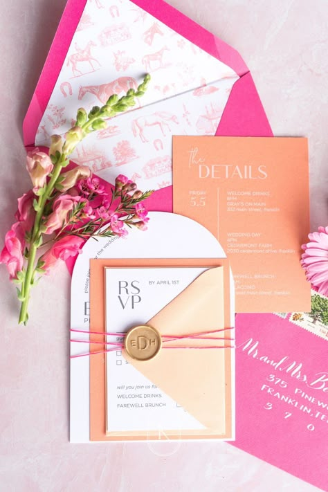 Pink And Orange Spring Wedding, Pink And Orange Wedding Stationary, Bright Pink Wedding Invitations, Orange And Pink Fall Wedding Colors, Colorful Flower Wedding Invitations, Pink Orange Invitation, Orange Pink And Red Wedding, Colorful Wedding Theme Ideas, Orange Wedding Theme Summer