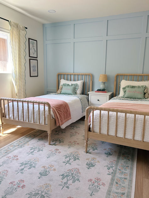 two twin beds with a blue board and batten wall Two Twin Beds In A Small Room, Sister Room Loft Beds, Twin Bedroom Layout Small Rooms, Spindle Bed Girls Room, Twin Teen Girls Bedroom Ideas, French Inspired Girls Bedroom, Shared Twin Bedroom, Gender Neutral Twin Bedroom, Girls Bedroom Two Twin Beds