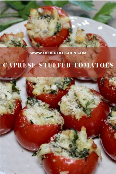 Caprese Stuffed Tomatoes Stuffed Campari Tomatoes, Stuffed Tomato Recipes, Friday Night Ideas, Cocktail Tomatoes, Campari Tomatoes, Tomato Stuffed, Stuffed Tomato, Tomato Appetizers, Stuffed Tomatoes