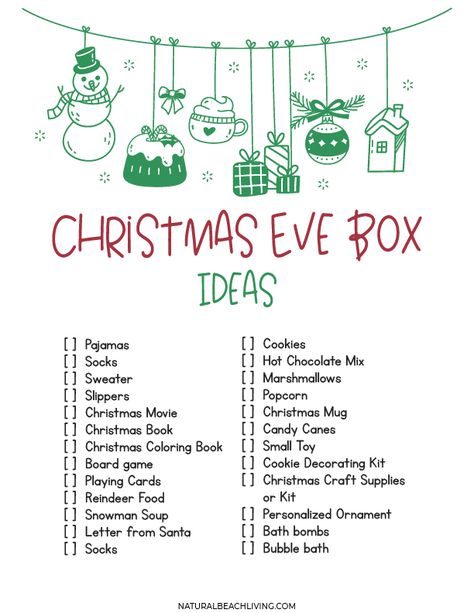 Christmas Eve Box Ideas Printables: Tips for a Memorable Holiday Celebration - Natural Beach Living Christmas Present Categories, Christmas Eve Kids Box Ideas, Christmas Eve Box Decoration Ideas, Christmas Tree Box Ideas, Christmas Eve With Toddlers, Christmas Eve Gift Box Ideas, Christmas Eve Kids Ideas, Christmas Eve Ideas For Family, Christmas Eve Box Svg Free