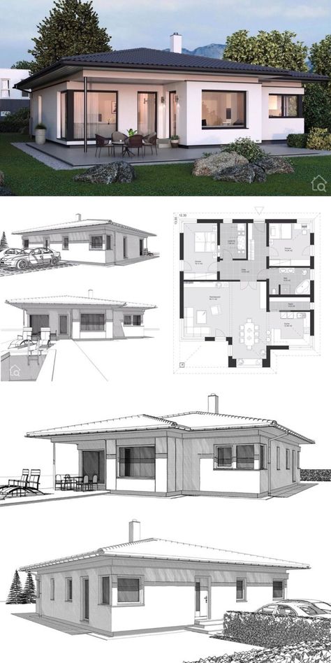 Modern One Floor House, One Floor House Design Modern, One Floor House, Two Bedroom House Plans, One Floor House Plans, Layout House, One Level House Plans, Modern Bungalow House Plans, Modern Bungalow House Design