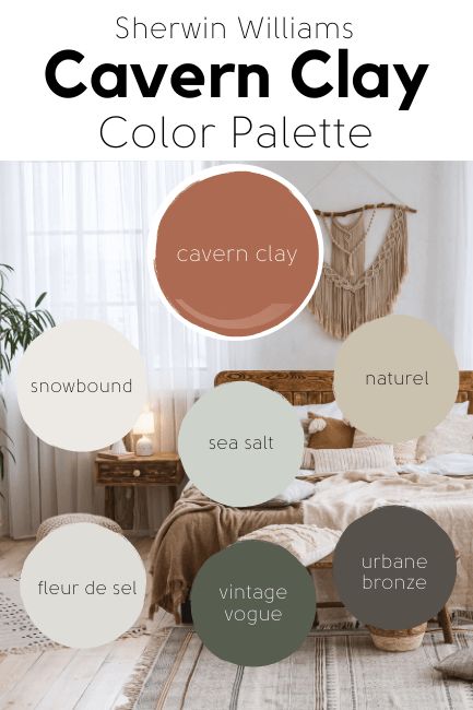 Wall Colors For Boho Living Room, Earth Tone Home Palette, Earthy Boho Color Scheme, Cozy Home Color Pallete, Sw Boho Paint Colors, Living Room With Terracotta Accents, Cavern Clay Dining Room, Bedroom Boho Paint Colors, Best Earthy Paint Colors