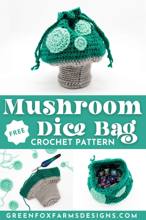 Mushroom dice Bag PIN 3 Mushroom Dice Bag Crochet Pattern, Dice Bag Knitting Pattern, Easy Crochet Mushroom Pattern Free, Crochet Hobbit Patterns, Dnd Knitting Pattern, Crochet Ideas Mushroom, Dice Bag Crochet Pattern Free, Crocheting A Bag, Crochet Practice Projects