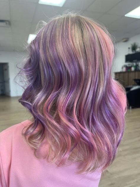 Pink and purple highlights Pink Purple Highlights Blonde Hair, Purple And Pink Hair Highlights, Pink And Purple Streaks, Pastel Pink And Purple Hair, Barbie Highlights, Pink And Purple Highlights, Purple Highlights Blonde Hair, Hair Dye Highlights, Purple Blonde Hair