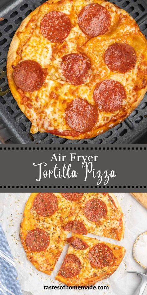 This quick and easy air fryer pizza is made on a tortilla and comes together in five minutes in the air fryer. Using flour tortillas, pizza sauce, and your choice of toppings, it is the perfect way to satisfy your pizza craving when you are short on time. Great for a quick lunch, dinner or snack. An easy recipe and the kids will love it. Flour Tortilla Pizza, Air Fryer Tortilla Pizza, Pizza In Air Fryer, Pizza Pairings, Air Fryer Tortilla, Low Calorie Tortilla, Air Fryer Pizza, Tortilla Pizza, Personal Pizza