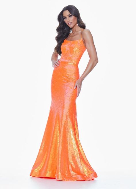 Ashley Lauren - Fully Sequin Gown with Lace Up Back | ASHLEYlauren Sparkly Long Dress, Neon Sequin, Orange Evening Dresses, Sparkly Formal Dress, Dresses Colors, Prom Attire, Neon Prom Dresses, Sequin Long Dress, Orange Prom Dresses