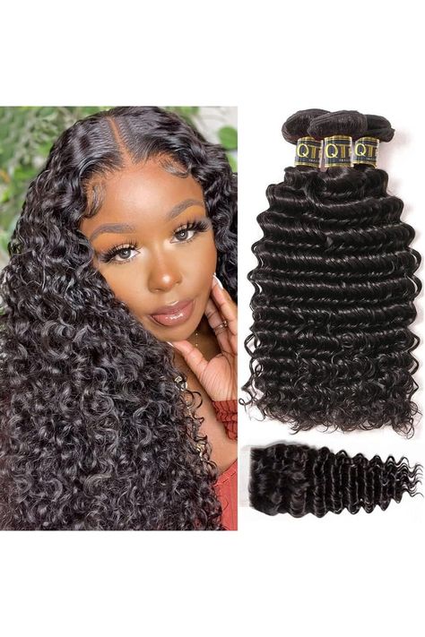 QTHAIR 14A Brazilian Hair Deep Wave 3 Bundles with 4x4 Lace Closure(18 20 22 16,Free Part,Natural Black) 100% Unprocessed Human Hair with Swiss Lace Closure Brazilian Deep Curly Weave Hair Curly Brazilian Hair, Deep Curly Weave, Curly Weave, Wig Colors, Weave Hair, Curly Weaves, Deep Curly, Swiss Lace, Deep Wave