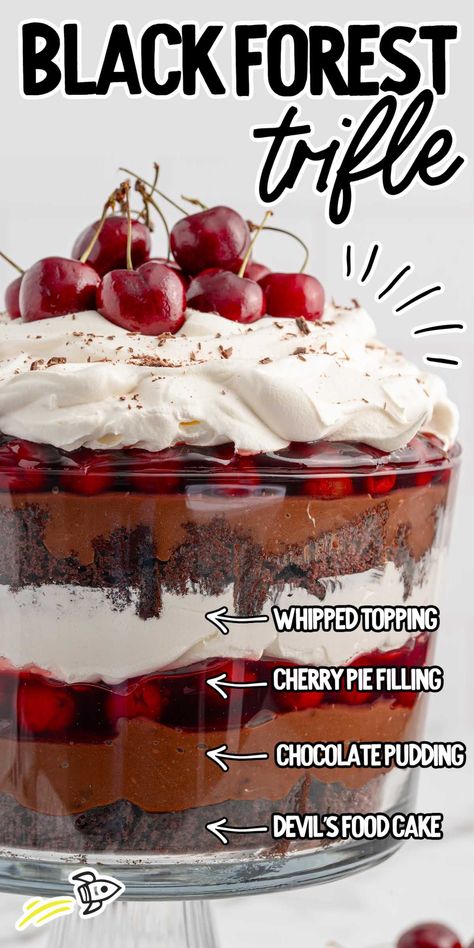 Black Forest Trifle Cake And Pudding Trifle, Black Forest Cake With Cherry Pie Filling, Black Forest Cherry Trifle, Cherry Trifle Bowl, No Bake Cheesecake Trifle, Easy Fruit Trifle, Devils Food Cake Trifle, Easy Chocolate Trifle Desserts, Black Forest Ice Cream Cake