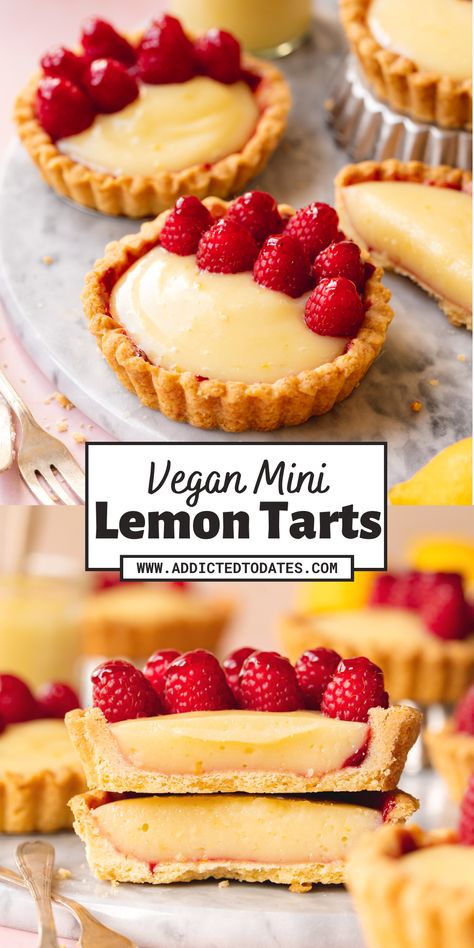 mini lemon tarts topped with fresh raspberries on a marble serving board. Easy Lemon Tart, Mini Lemon Tarts, Lemon Tartlets, Tarte Vegan, Vegan Tarts, Lemon Tart Recipe, Lemon Tarts, Vegan Baking Recipes, Vegan Pie