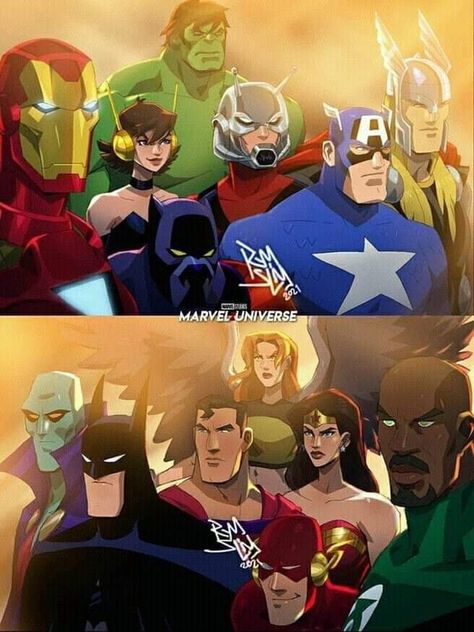 Marvel X Dc Crossover, Dc Comics Drawings, Dc And Marvel Crossover Art, Dc Marvel Crossover, Avengers Vs Justice League, Crossover Comic, Dc Vs Marvel, Dc Crossover, Dc Comics Vs Marvel