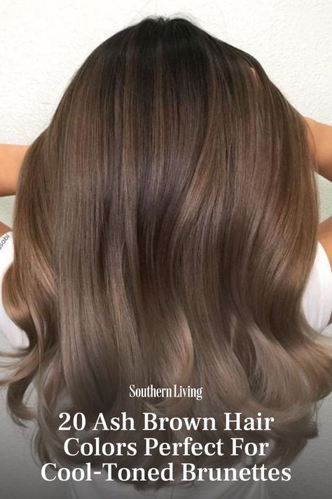 Brunettes everywhere are leaving warm tones in the dust and going for something way cooler: ash brown. This shade is the ultimate anti-brassy-inspired bronde, mixing colors like mocha brown, ashy chestnut, cool blonde, and even smoky silver-blonde. The result? The dreamiest, coolest brunette shade to try whenever you're in need of a refresh. The cool-toned color ensures that you get a touch of flattering multi-dimensional color without having to be on constant watch for brassy flare-ups. #hair #brunette #ashbrown #brunettestyles #haircolor Ashy Brown Bob Hair, Mousy Brown Hair Color, Solid Light Brunette Hair Color, Cool Tone Hair Colors Ideas, Light Ash Brown Hair Color Formula, Ash Mocha Brown Hair, Ashy Chestnut Brown Hair, Almond Brown Hair Color, Toner On Brown Hair Before And After