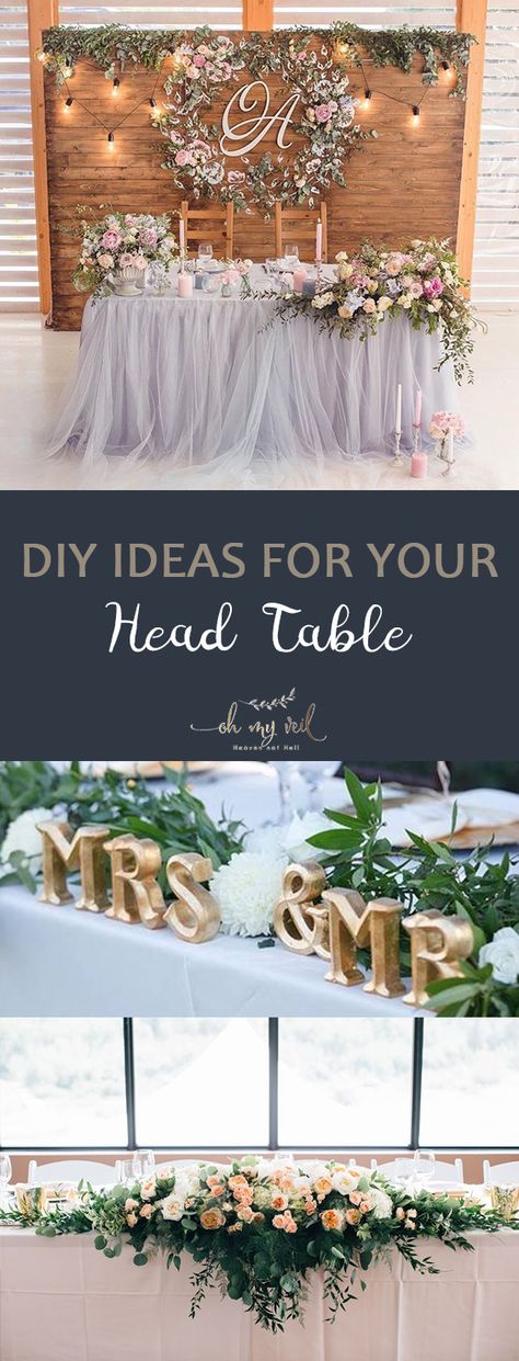 Set the stage for the new Mr. and Mrs. with any one of these awesome DIY ideas for the head table. Here's how! #DIyweddings #DIYweddingdecor #weddingideas Diy Head Table Decor, Brides Table Ideas Receptions, Head Wedding Table Decor, Brides Table Ideas, Bridal Party Table Ideas Receptions, Wedding Party Table Ideas, Bridal Table Ideas, Diy Head Table, Bridal Table Decor