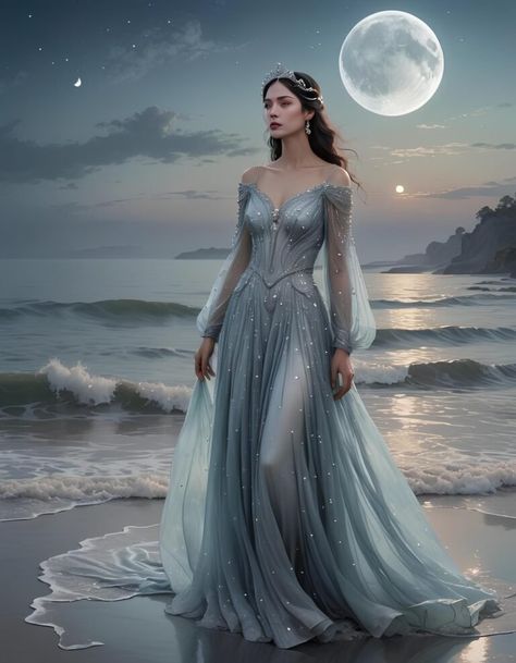 Celestial Moonlight Embellished Gown for Formal Events Dawn Court Dress, Moon Dress Aesthetic, Moon Dress Gowns, Starfall Gown, Moon Inspired Dress, Maleficent Oc, Moon Gown, Moonlight Masquerade, Star Gown