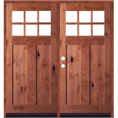 72 in. x 80 in. Craftsman Knotty Alder Wood Clear 6-Lite Red Chestnut Stain Right Active Double Prehung Front Door Exterior Double Door, Entryway Color, Modern Entryway Ideas, Chestnut Stain, Red Mahogany Stain, Provincial Stain, Double Doors Exterior, Craftsman Door, Rustic Centerpiece