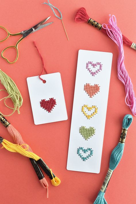 Stitching On Paper, Heart Cross Stitch, Wild Olive, Embroidery Cards, Stitching Cards, Cross Stitch Bookmarks, Cross Stitch Heart, Mini Cross Stitch, Diy Bookmarks