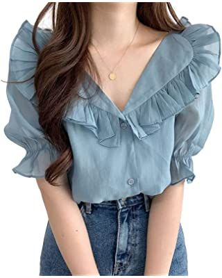 Áo Blu, Short Sleeve Chiffon Blouse, Blouse Korean Style, Romantic Blouses, Diy Vetement, Chiffon Fashion, Ruffles Fashion, Loose Pullover, Puff Sleeve Blouse