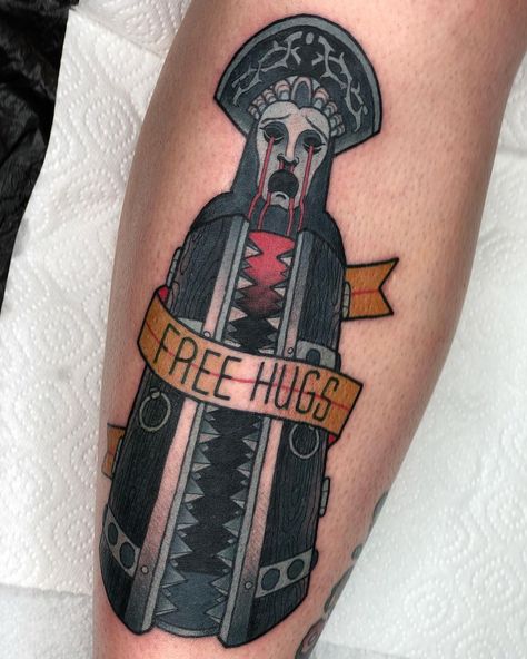 Creepy Old School Tattoos, Traditional Horror Tattoo Sleeve, Iron Maiden Traditional Tattoo, Hot Fuzz Tattoo, Neo Traditional Horror Tattoo, Fantasy Traditional Tattoo, American Traditional Horror Tattoo, American Traditional Tattoo Design Old School, Barbarian Tattoo