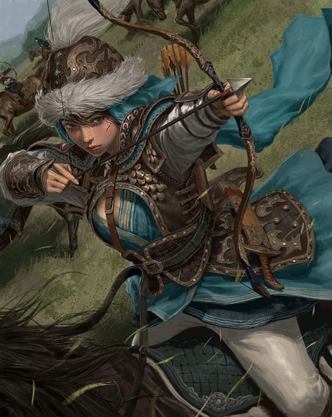 ArtStation - [Mongolian female warrior], sungmoo heo Mongolian Dragon, Mongolian Woman, Dragons Inspiration, Fantasy Humans, Medieval Japanese, White Mage, Persian Warrior, Rp Characters, Warriors Illustration