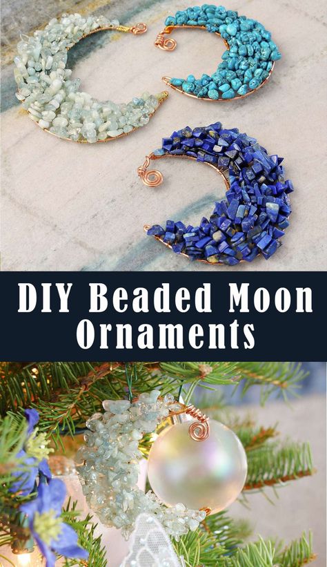 Beaded Ornament Idea: DIY Beaded Moon Christmas Tree Ornaments Diy Crescent Moon, Moon Christmas Tree, Beaded Christmas Garland, Easy Diy Ornaments, Beaded Moon, Diy Hand Soap, Beaded Ornaments Diy, Christmas Ornament Diy, Moon Ornament