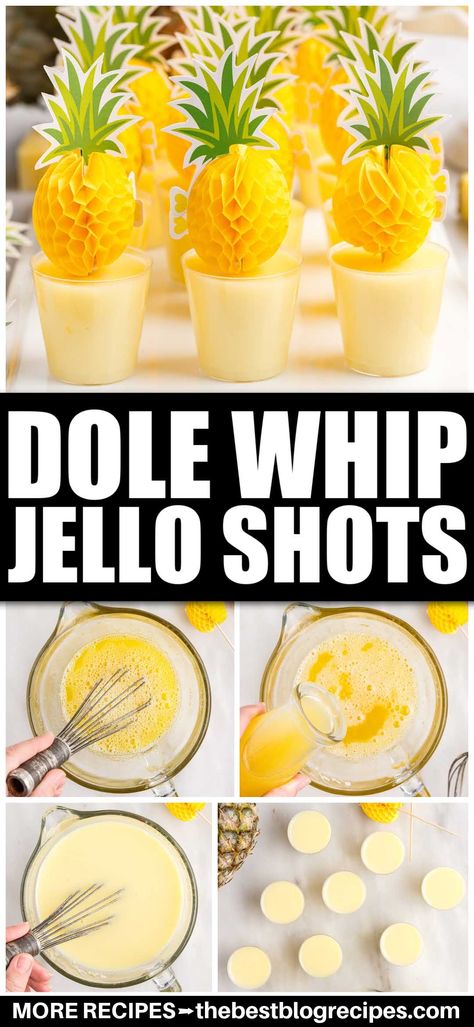 Dole Whip jello shots are sweet, tropical, and creamy. These easy-to-make Jello shots put a boozy spin on the famous Disney treat. Jello Pudding Shots, Pineapple Jello, Pudding Shots, Jello Shot Recipes, Yummy Alcoholic Drinks, Dole Whip, Boozy Drinks, Shot Recipes, Mixed Drinks Recipes