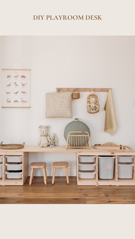 Tiffany Claire | Motherhood. Lifestyle. Home | Making a desk & storage out of Pine & Trofast *Save this for later* What you’ll need: - X2 TROFAST from IKEA - X2 Pine Panel 1800mmx… | Instagram Ikea Trofast Stacked, Stacking Trofast, Ikea Kids Toy Storage Ideas, Ikea Kids Room Storage, Kids Room Ikea Ideas, Trofast Bedroom, Ikea Playroom Hack, Ikea Trofast Desk, Lego Storage Ikea