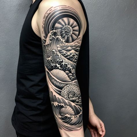 Shell Sleeve Tattoo, Cool Tattoos For Guys Unique Arm, Ocean Tattoos Leg, Ocean Shoulder Tattoo, Ocean Tattoos Sleeve Underwater, Waves Tattoo Sleeve, Wave Sleeve Tattoo, Ocean Scene Tattoo, Ocean Tattoos Men