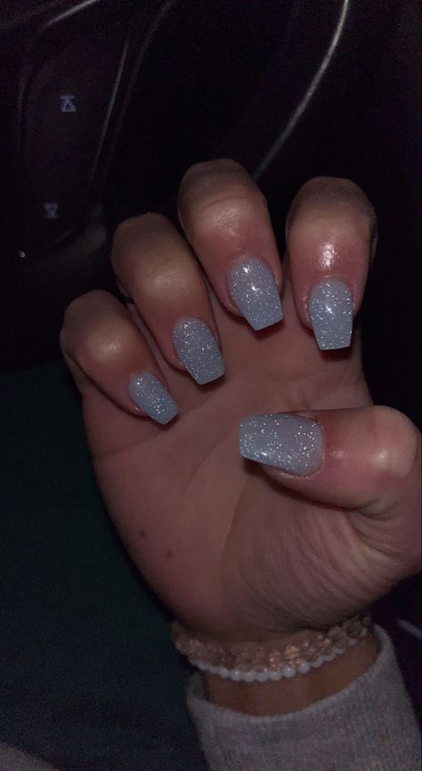 Solid Glitter Acrylic Nails, Gel Nails For Blue Dress, Cute Simple Hoco Nails, Easy Homecoming Nails, Light Blue Nails For Hoco, Homecoming Nails Blue Dress, Homecoming Nails For Blue Dress, Ice Blue Sparkle Nails, Silver Light Blue Nails