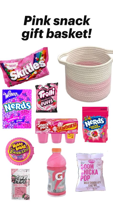 If you know someone who loves pink and snacks, then they’ll love this!! Pink And Black Gift Basket Ideas, Pink Basket Ideas For Color Party, Pink Themed Basket, Pink Theme Gift Basket, Pink Snacks For Color Party, Pink Snack Basket, Color Gift Baskets, Pink Gift Basket Ideas, Grape Snacks