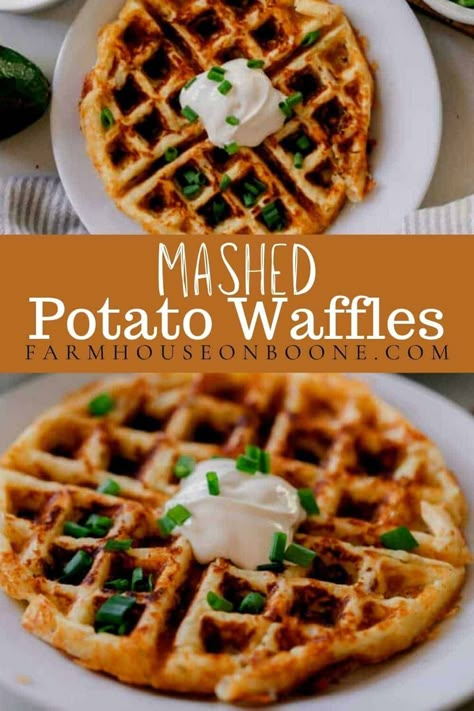 Crispy, delicious potato waffles are a fun way to start the day. This easy recipe combines mashed potatoes, eggs, cheese, milk, and flour, pressing into a waffle iron to make the yummiest breakfast. #farmhouseonboone #potatowaffles #mashedpotatowaffles Mashed Potato Waffles, Gf Df Breakfast, Foods In Season, Potato Waffle Recipe, Mashed Potatoes Recipes, Waffle Ideas, Farmhouse On Boone, Winter Dinners, Healthy Waffles