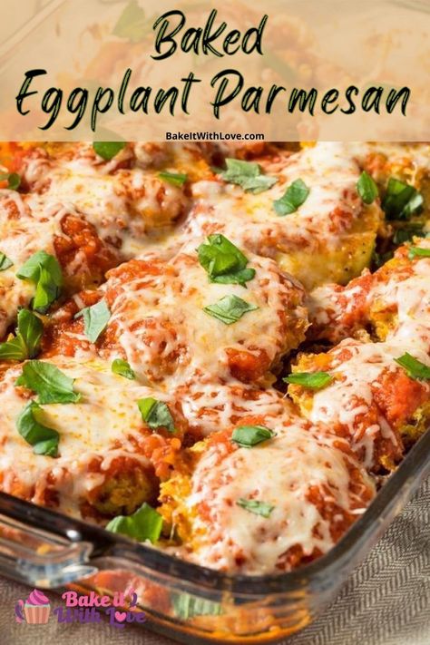 Tasty layers of perfectly baked eggplant parmesan ready to serve, garnished with chopped fresh basil. Healthy Eggplant Parmesan, Healthy Eggplant, Eggplant Parmesan Baked, Eggplant Recipes Parmesan, Egg Plant, Baked Eggplant, Eggplant Parmesan, Vegetarian Snacks, Eggplant Recipes