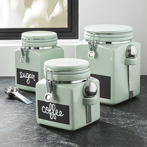 Pistachio Clamp Canisters with Chalkboard - Kitchen Decorating Ideas - #affiliatelink Green Kitchen Canisters, Kitchen Decor Collections, Crockery Design, Gadgets Kitchen Cooking, Kitchen Accessories Decor, Kitchen Food Storage, Cooking Gadgets, Pistachio Green, Kitchen Canisters