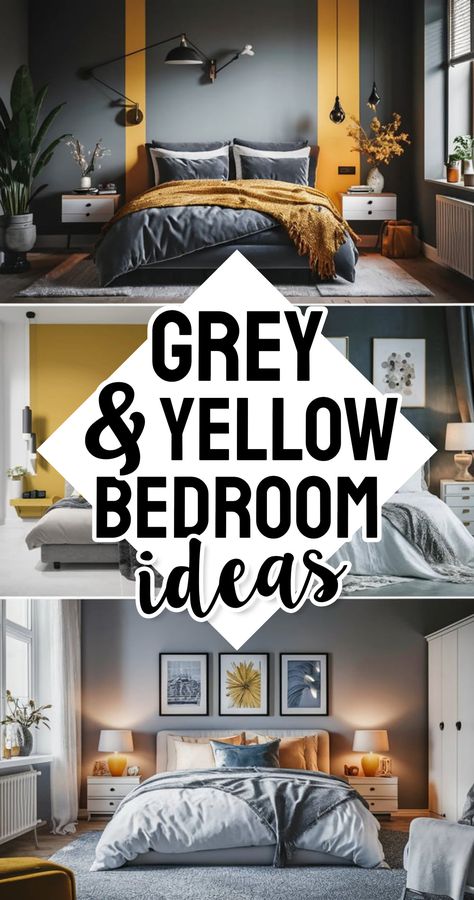 Grey and Yellow Bedroom Ideas and Decor Styles Grey Mustard Bedroom, Grey And Mustard Bedroom, Grey And Yellow Bedroom Ideas, Yellow Bedding Bedroom, Mustard And Grey Bedroom, Gray And Yellow Bedroom Ideas, Yellow And Gray Bedding, Yellow And Grey Bedroom, Grey And Yellow Bedroom