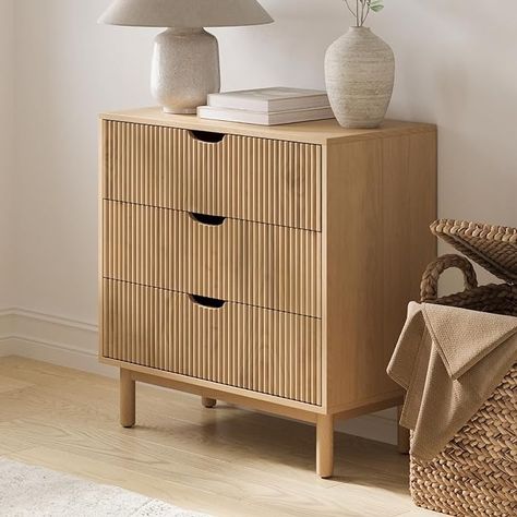 Amazon.com: Fluted 3 Drawer Dresser - Large Nightstand with Ample Storage - Living Room and Bedroom Furniture - Modern Dresser with Drawers - Anti-Tipping Kit Included - Solid Wood Doors and Legs (Natural Oak) : Home & Kitchen Fluted Dresser, Natural Wood Dresser, Large Nightstand, Modern Bedroom Dressers, Nightstand Set Of 2, 3 Drawer Dresser, Wooden Dresser, Solid Wood Doors, Japandi Style