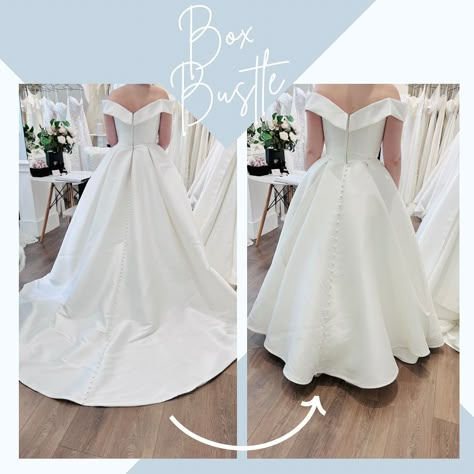 Box Bustle on a plain dress! 🪡 Thank you for all the love for yesterday’s post about the lace box bustle! Here is another, this one on a beautiful plain satin gown. Now I have to come clean here… I always give my brides a few ideas of bustles that might work, and suggest they do a bit of Pinterest or Insta research if they’re not sure. This awesome bride did exactly that and came back with the idea for this box bustle! And isn’t it just amazing on her gown?! So a huge THANK YOU to the bride... Hidden Bustle Wedding Dress, Satin Dress Bustle, Side Bustle Wedding Dress, Different Bustle Styles, Bustle Wedding Dress Styles, Ball Gown Bustle, French Bustle, Dress Bustle, Bridal Alterations