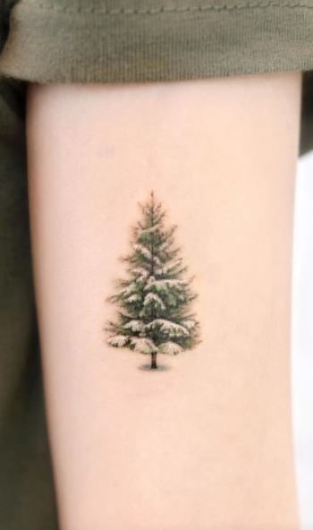 Tree With Snow Tattoo, Snowy Tree Tattoo, Fine Line Evergreen Tattoo, Winter Tattoo Ideas Nature, Christmas Inspired Tattoos, Winter Tattoos For Women, Christmas Tree Tattoo Ideas, Winter Tree Tattoo, Pine Tree Meaning