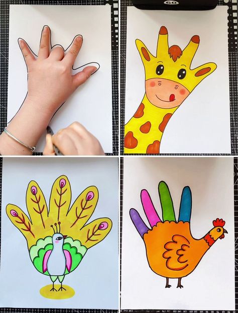 Hand Animals Drawing, Kids Drawing Activities, Kids Animal Drawing, Creative Animal Drawings, Kids Drawings Easy, How To Draw Animals For Kids, Drawing For Preschoolers, Drawing Ideas Easy Kids, Drawing For Kids Easy Children