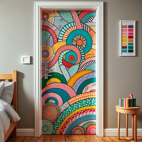 Washi Tape Design bedroom door decor Painted Doors Interior Creative Fun, Abstract Door Painting, Unique Interior Bedroom Doors, Wallpapered Doors Ideas, Bedroom Door Ideas Decorations Aesthetic, Door Painting Ideas Bedroom Easy, Unique Interior Door Painting Ideas, Door Murals Painted Easy, Paint Bedroom Door