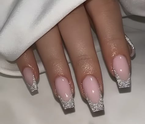 Nails French Silver Glitter, Glittery French Tip Nails Coffin, Almond French Tip Glitter Nails, French Tip Sparkle Acrylic Nails, Sparkly French Tips Square, Square Nye Nails, Glitter French Nails Coffin, Pink Silver Black Nails, Silver Sparkly French Tip Nails