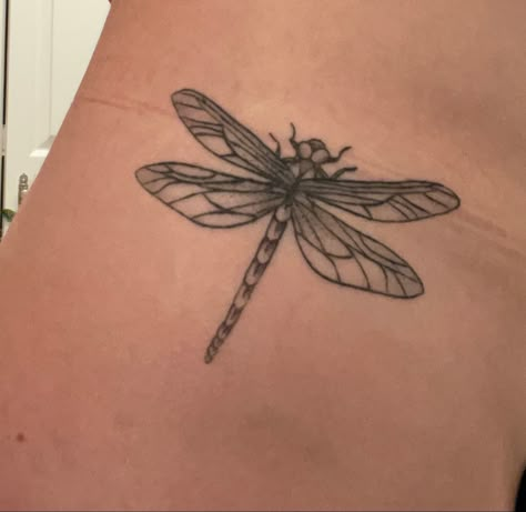 Dragonfly Tattoo Shaded, Shaded Dragonfly Tattoo, Dragonfly Tattoo Traditional, Dragonfly Hip Tattoo, Traditional Dragonfly Tattoo, Dragonfly Back Tattoo, Dragonfly Tattoo Design With Flowers, Small Hip Tattoo, Dragonfly Tattoo Ideas