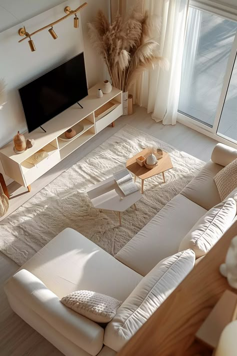 Small Loft Tv Room Ideas, Neutral Apartment Living Room Cozy, Carpet Small Living Room, New Build Flat Decor, Living Room Design For Small Spaces, Small Luxury Apartment Interior Design, 20m2 Living Room, Small Nyc Apartment Living Room, Small House Interior Design Living Rooms