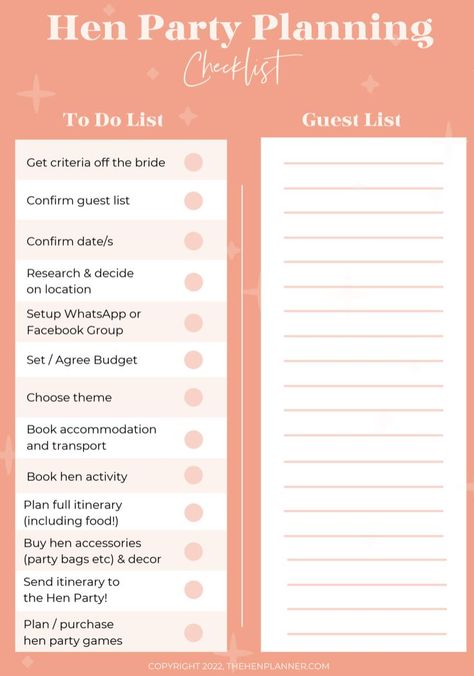 If you’re a first-time bridesmaid and you’ve been catapulted into the hen party planning world, check out our Hen Planning Checklist to help you get organised! ✨ How To Plan A Hen Do, Hens Party To Do List, Hen Do Checklist, Hen Do Planning Checklist, Hen Do Planning, Bright Hens Party, Uk Hen Do Ideas, Hen Do Ideas Classy, Bachelorette Checklist