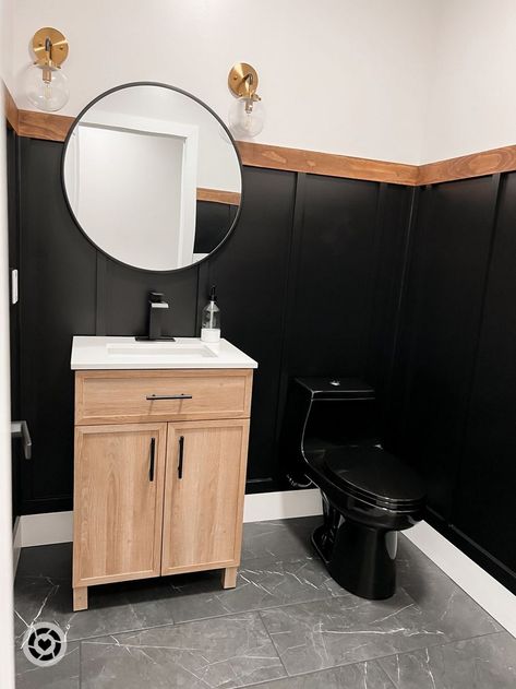 half bathroom ideas black cabinets
black and white tile floor half bathroom
black half wall paneling bathroom
small half bathroom remodel black and white
half bathroom ideas black vanity
black and white half bathroom modern
black half bathroom with wallpaper
black accent half bathroom
black half bathroom wall
half bathroom ideas black counter
black and white half bathroom design
half bathroom black and white floor Black Bottom Half Wall, Black Bathroom Half Wall, Black Half Wall Bathroom, Half Black Wall Bathroom, Black Vanity Half Bath, Black Bathroom With Wood Accents, Accent Half Bathroom, Black White And Gold Half Bathroom, Half Black Half White Walls