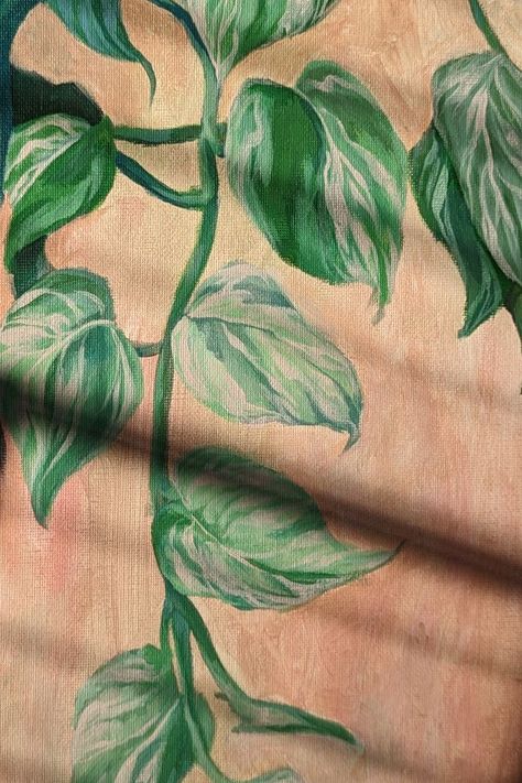 A painting of a pothos houseplant done in acrylic. Acrylic Vines Painting, Pothos Painting Acrylic, Pothos Plant Painting, Pathos Painting, Pothos Painting, Pothos Drawing, Plant Painting Acrylic, Pet Commissions, Vine Painting