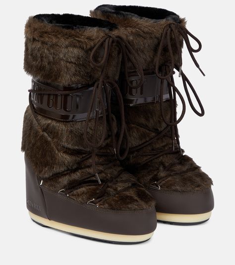 Icon Faux Fur Trimmed Snow Boots in Brown - Moon Boot | Mytheresa Brown Moon Boots Outfit, Fluffy Moon Boots, Brown Moon Boots, Moon Boots Fur, Furr Boots, Fur Moon Boots, Alpine Fashion, Winter Fur Boots, Brown Fur Boots