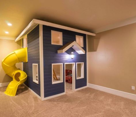 12 Incredible Indoor Playhouses Playroom Slide, Playhouse Playroom, Basement Playground, Basement Playhouse, Basement Play Area, Playhouse Indoor, Kids Indoor Playhouse, Playhouse With Slide, Indoor Playroom