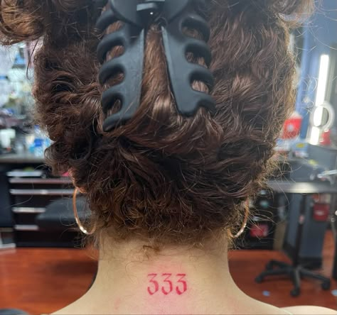 Tattoo 333 Tattoo Neck, Red Back Of Neck Tattoo, 909 Tattoo, 222 Back Of Neck Tattoo, Number Tattoo Back Of Neck, Neck Tattoos Women Back, 333 Wrist Tattoo, Red 333 Tattoo, 333 Tattoo On Wrist