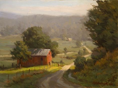 Red Barn, Country Road, The Sun, Oil Painting, Trees, Not Found, Sun, Road, Red