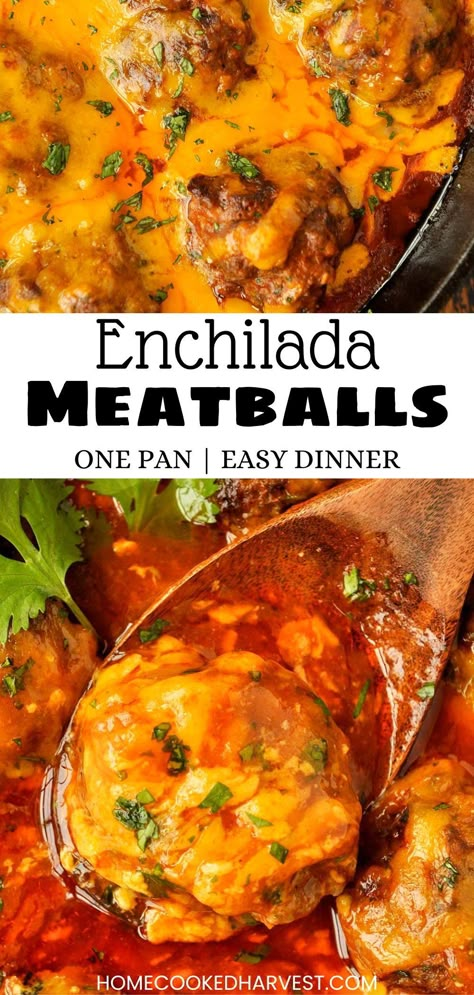 Enchilada Meatballs Enchilada Meatballs, Pan Dishes, Beef Enchilada, Mexican Side Dishes, Free Lunch, Savory Meals, Red Enchilada Sauce, Gooey Cheese, Best Comfort Food